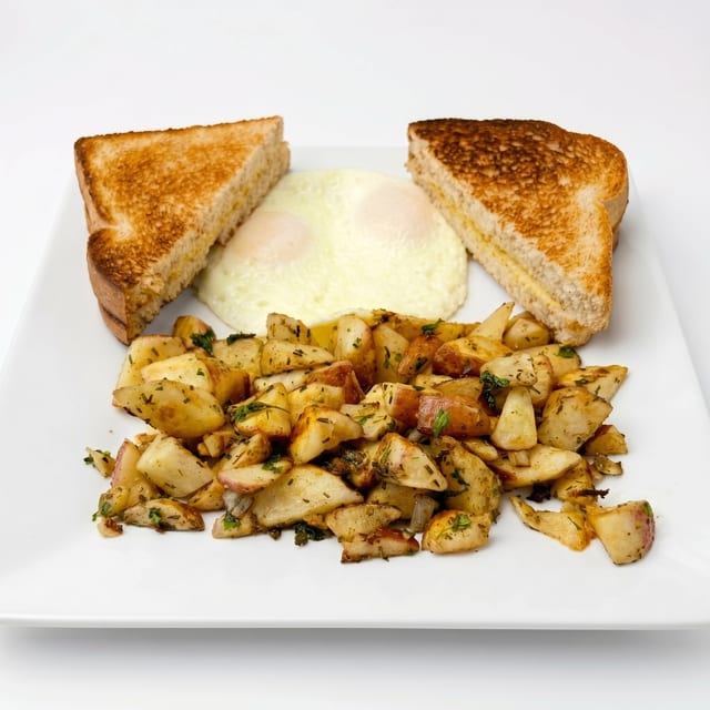#9 2 Eggs, Potato and Toast.